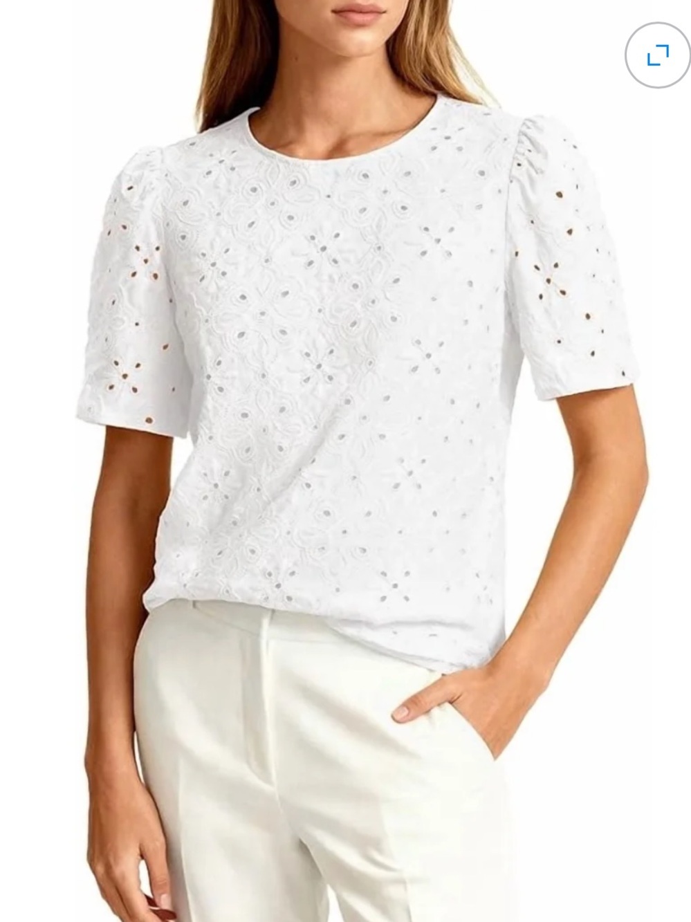 PrettyGarden lines cotton eyelet embroidered lace short sleeved blouse Medium